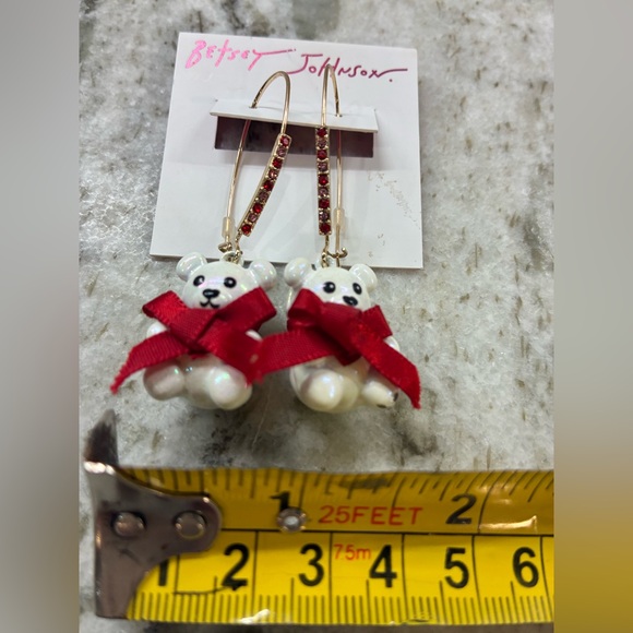 Betsey Johnson White Bear Earrings with Red Bows - Picture 4 of 4